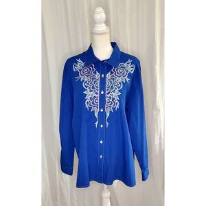 Vintage Bob Mackie Wearable Art Western Button Up Shirt Blue XL Embroidered Bows